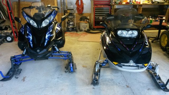 My sons second sled, upgraded from a 1997 Polaris trail 340 to a 2002 Skidoo 500 Legend, and my 2007 Yamaha Attak